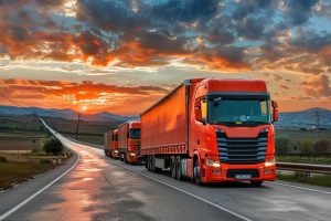 A series of red trucks shipping cargo near sunset through a cloudy plain on a highway